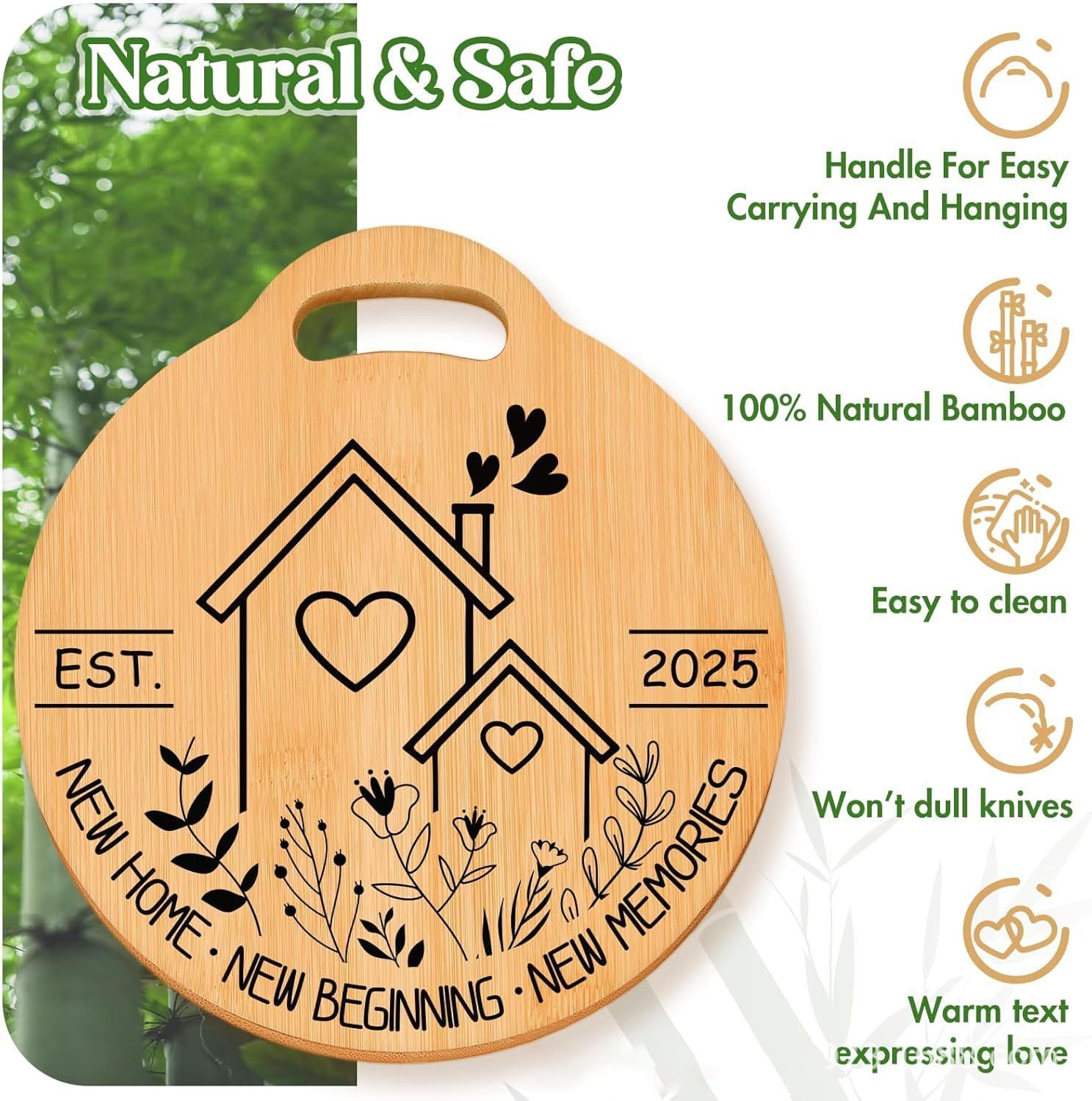 A round bamboo cutting board from a top wood cutting board manufacturer, featuring engraved house and heart designs, labeled “EST. 2025” and “NEW HOME · NEW BEGINNING · NEW MEMORIES,” with product features listed.