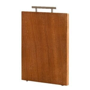 Rectangular wood cutting board with a metal handle. Bulk wood cutting boards available.