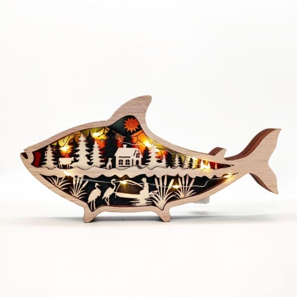Illuminated laser-cut wooden fish décor; wholesale wood decor manufacturer.