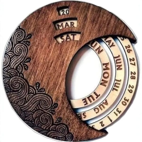 This Wooden Perpetual Calendar with rotating rings displays the date, month, and day, featuring carved decorative cloud patterns on the left side—a unique design from a trusted calendar manufacturer.