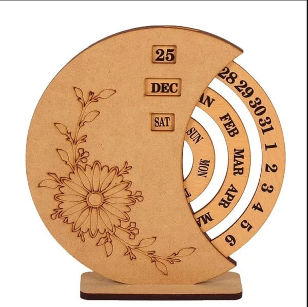 Wooden perpetual calendar with a floral design, displaying the day, month, and date using rotatable discs and sliding blocks—a charming rotating wall calendar crafted by an expert calendar manufacturer.