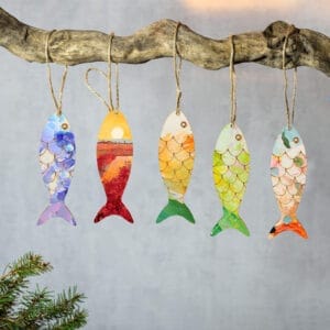 Hand-painted wood fish ornaments; colorful, unique designs. Perfect for kids' DIY projects or custom orders.