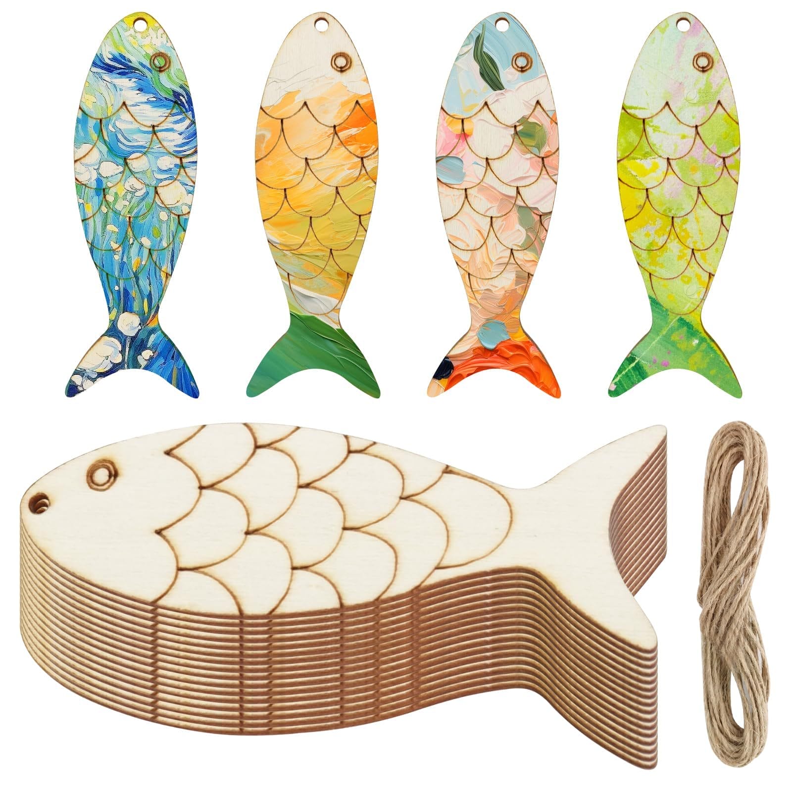 Stack of blank wood fish cutouts, decorated fish samples above, and a bundle of twine shown on the right.