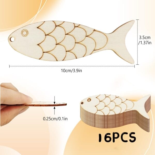 A stack of 16 flat Wood Fish Blanks with scale patterns, each measuring 10cm x 3.5cm x 0.25cm (3.9in x 1.37in x 0.1in), perfect and colorable for kids’ craft projects or custom orders.