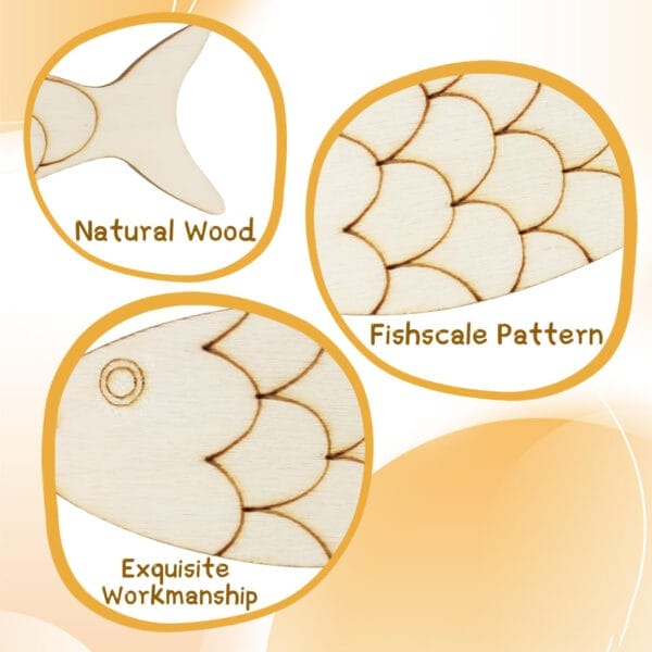 Close-up images of a Wood Fish Blank featuring labeled details: "Natural Wood" tail, "Fishscale Pattern" body, and "Exquisite Workmanship." Custom Orders and Colorable for Kids make it perfect for creative projects.