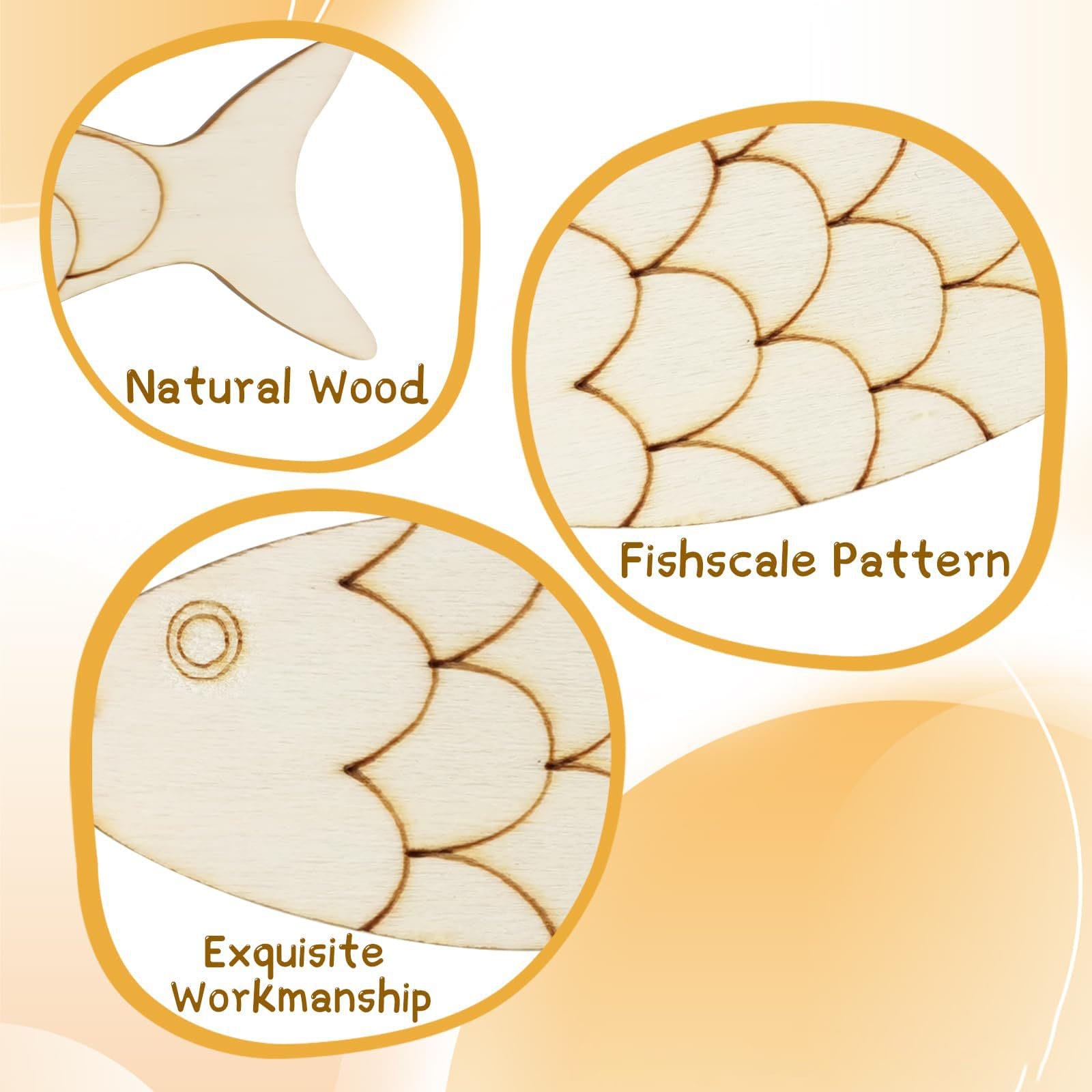Close-up images of a Wood Fish Blank featuring labeled details: "Natural Wood" tail, "Fishscale Pattern" body, and "Exquisite Workmanship." Custom Orders and Colorable for Kids make it perfect for creative projects.