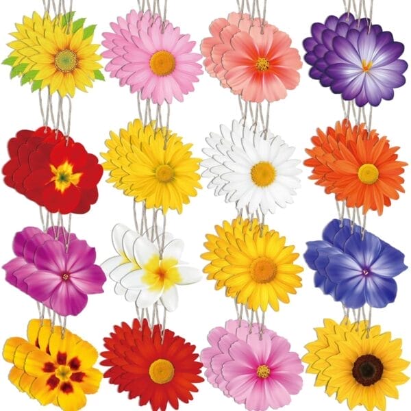 Four strings of assorted colorful paper and wood flowers hang vertically, each string displaying different flower shapes and colors including yellow, pink, purple, white, red, and orange.