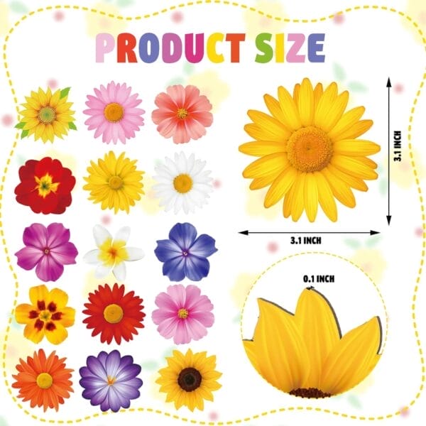 A chart showing 16 different colorful flower illustrations, including a sunflower cutout highlighted in yellow and labeled as 3.1 inches wide and 0.1 inches thick, perfect for wooden hanging decorations or wood flowers projects.