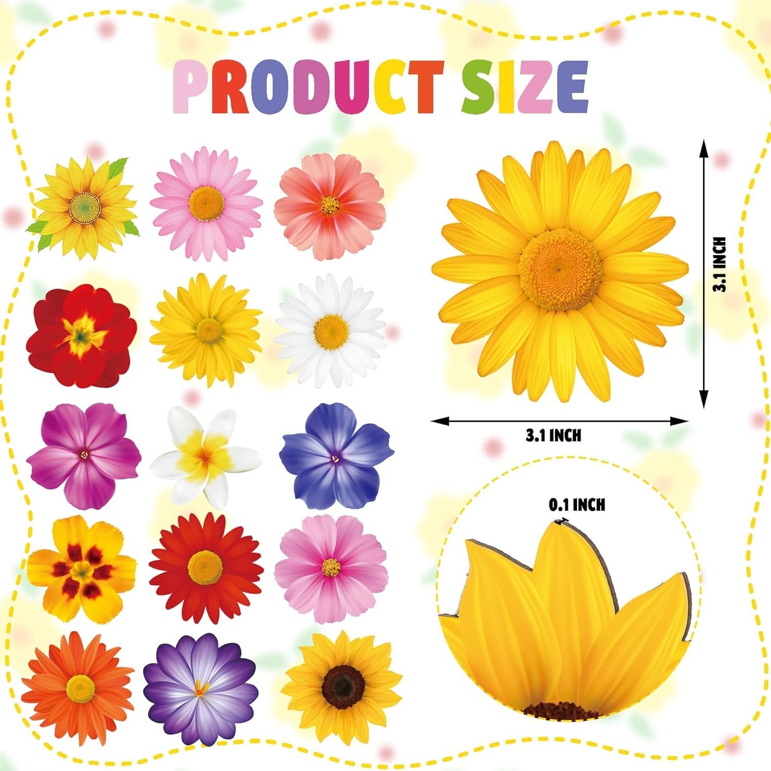 A chart showing 16 different colorful flower illustrations, including a sunflower cutout highlighted in yellow and labeled as 3.1 inches wide and 0.1 inches thick, perfect for wooden hanging decorations or wood flowers projects.