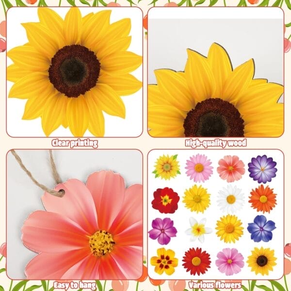 Four panels showcase vibrant wood flowers with clear printing, high-quality wood, an easy-to-hang design, and various flower types, including a charming sunflower cutout among the wooden hanging decorations.