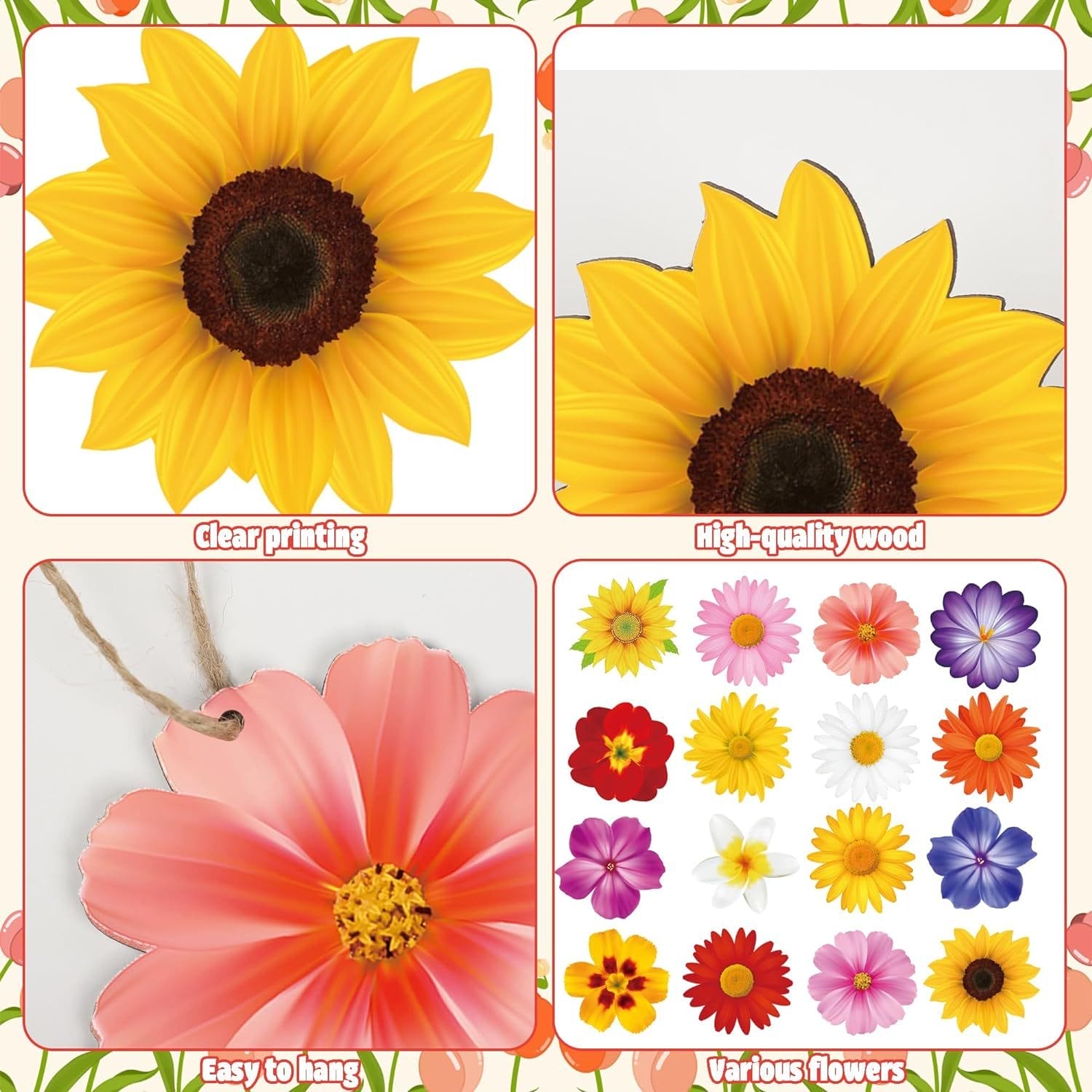 Four panels showcase vibrant wood flowers with clear printing, high-quality wood, an easy-to-hang design, and various flower types, including a charming sunflower cutout among the wooden hanging decorations.
