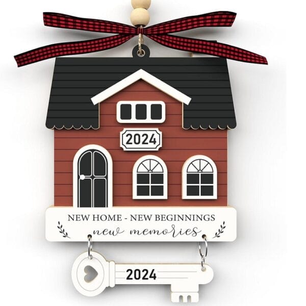 Red and black house-shaped wooden Christmas ornament with a "2024" sign, ribbon, and a key; text reads "New Home - New Beginnings, new memories." Perfect for wholesale custom orders from your trusted wood gift supplier.