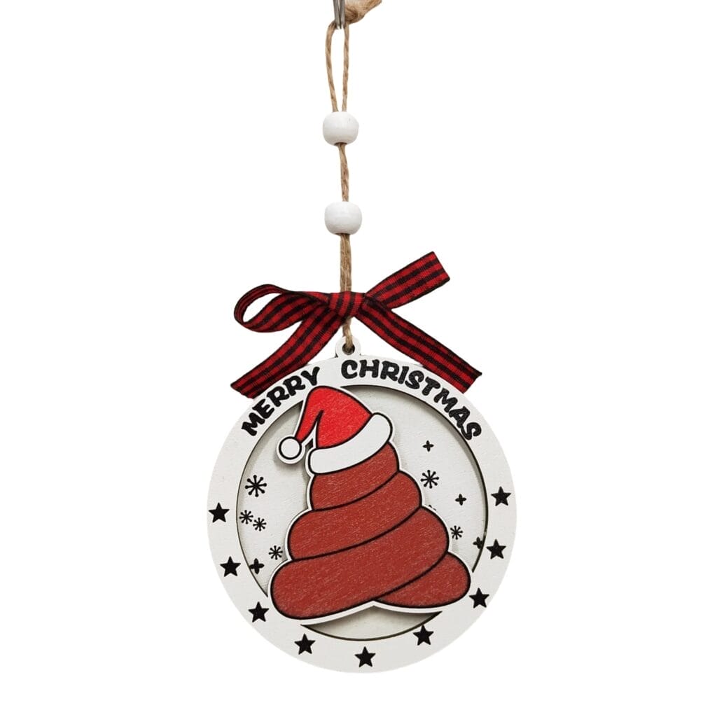 Round Christmas ornament featuring a cartoon poop emoji wearing a Santa hat, surrounded by stars with "Merry Christmas" at the top. A red and black bow is attached—perfect for fans of quirky wood gifts.