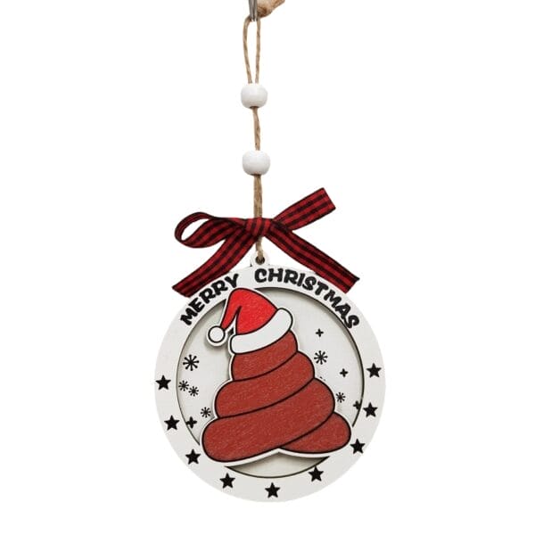 Round Christmas ornament featuring a cartoon poop emoji wearing a Santa hat, surrounded by stars with "Merry Christmas" at the top. A red and black bow is attached—perfect for fans of quirky wood gifts.