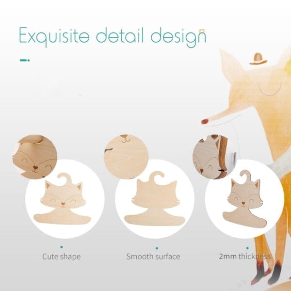 Wooden cat-shaped figures shown with close-ups highlighting their cute shape, smooth surface, and 2mm thickness; illustrated fox with a guitar in the background—perfect as Nordic Style Wood Baby Hangers for any playful nursery.