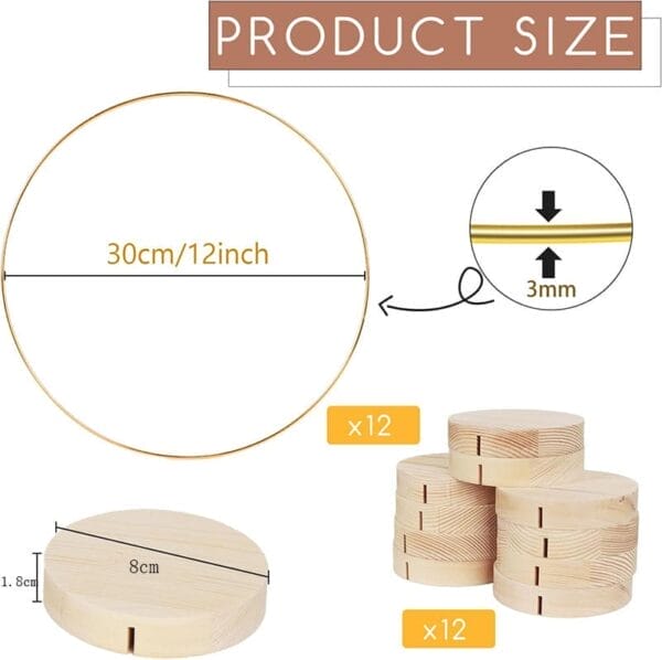 Diagram showing product size: a 30cm (12 inch) wreath iron ring, 3mm thick, and 12 wood holders—each 8cm wide and 1.8cm tall—with slots for the ring. Ideal for wedding table decor or creative displays.