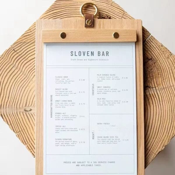 Rustic wooden menu holder with drinks and beers list. Vintage clipboard for cafe or restaurant.