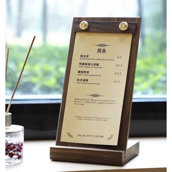 Elegant black walnut wood menu holder displaying a restaurant menu.