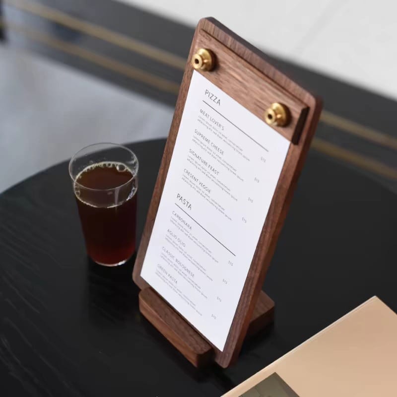 Elegant black walnut wood menu holder displaying pizza and pasta menu.