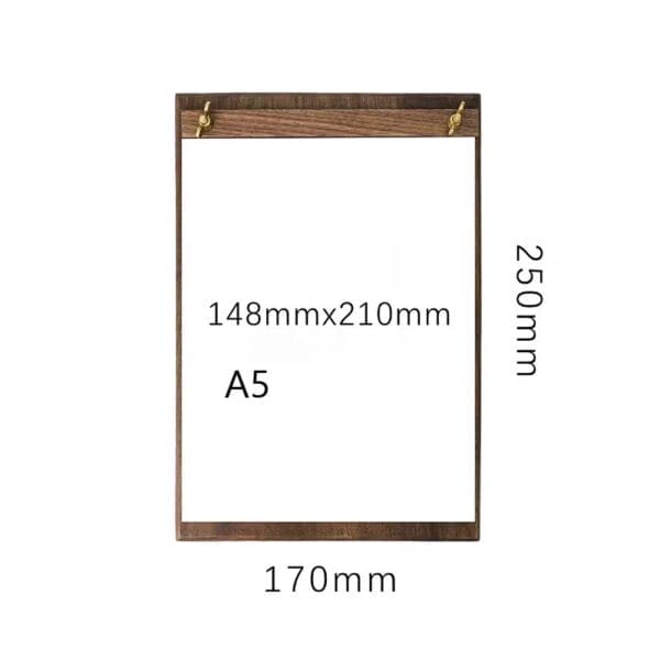 Dimensions of a black walnut wood menu holder; A5 size, perfect for restaurants.