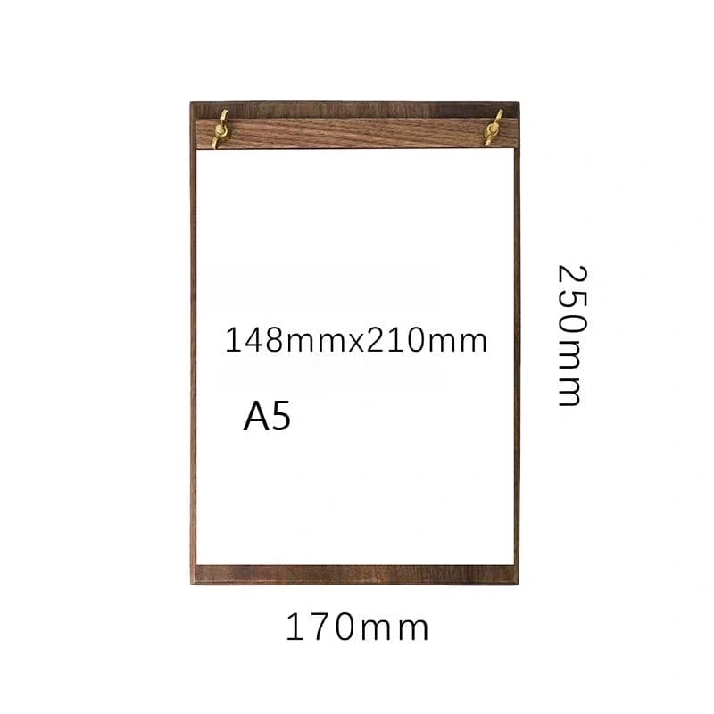 Dimensions of a black walnut wood menu holder; A5 size, perfect for restaurants.