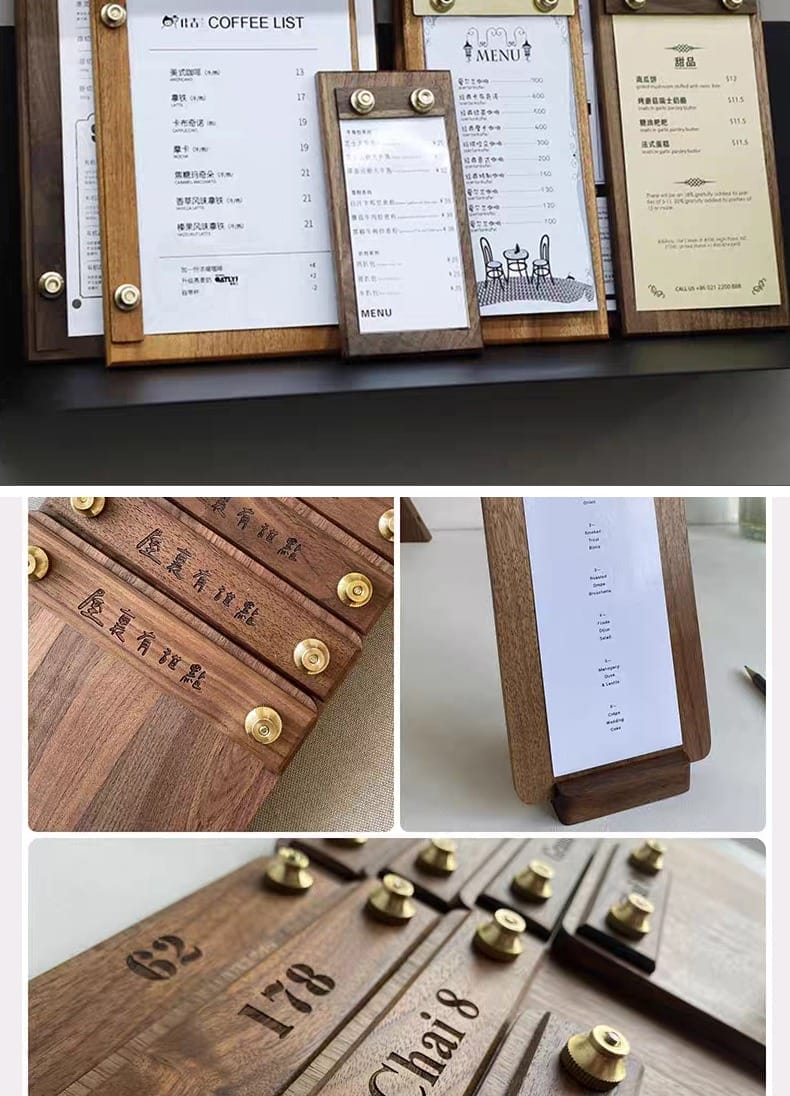 Various wooden menu holders, showcasing different styles and sizes. Black walnut wood display stands.