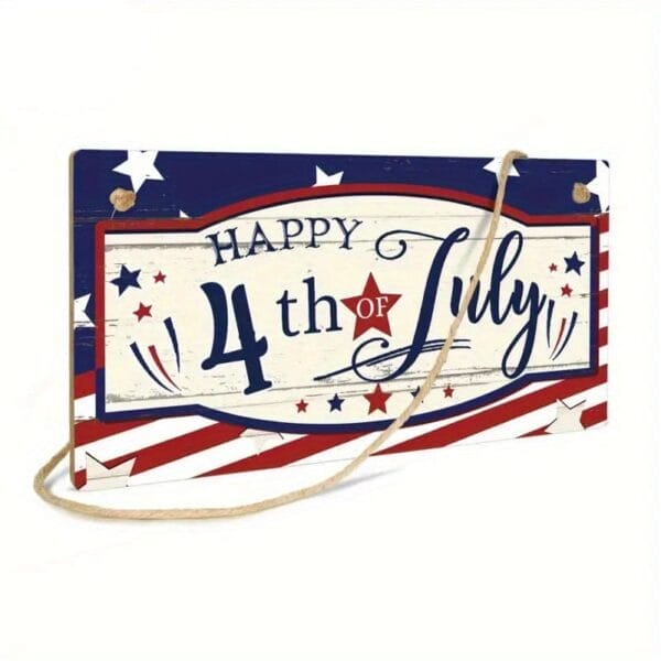 Rectangular sign with "Happy 4th of July" in decorative letters on a patriotic red, white, and blue background, perfect as Home Decor Wood Plaques or Custom Wooden Door Signs. Includes rope for hanging. Ideal for wholesale cross-border buyers.