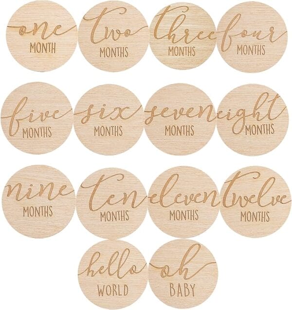Wood round crafts: one to twelve months, hello world, oh baby.