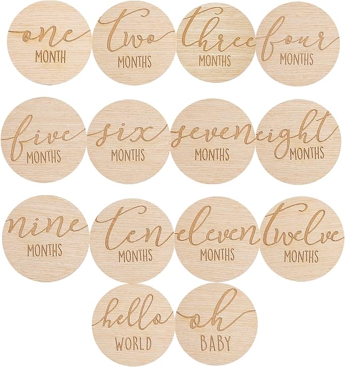 Wood round crafts: one to twelve months, hello world, oh baby.
