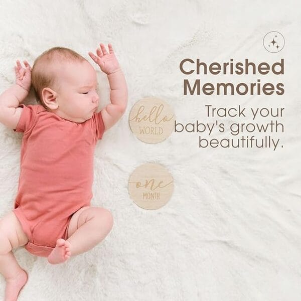 Adorable baby lying on a soft blanket with "hello world" and "one month" milestone wooden plaques. Baby growth milestone markers.