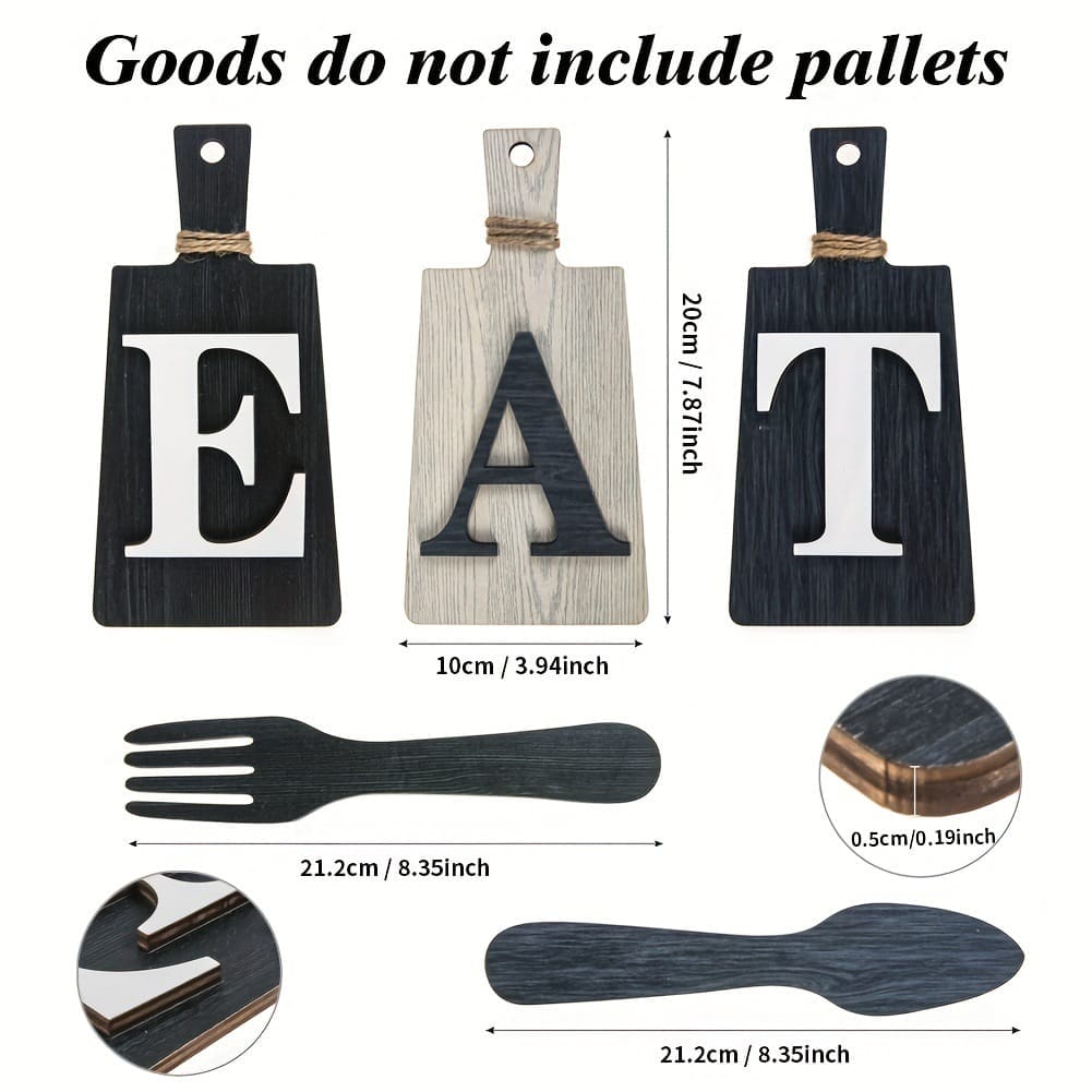 Three decorative EAT Letter Logo cutting boards with wooden fork & spoon set; size measurements and material details displayed. Text notes pallets are not included. Ideal for cross-border wholesale buyers seeking unique kitchen decor.