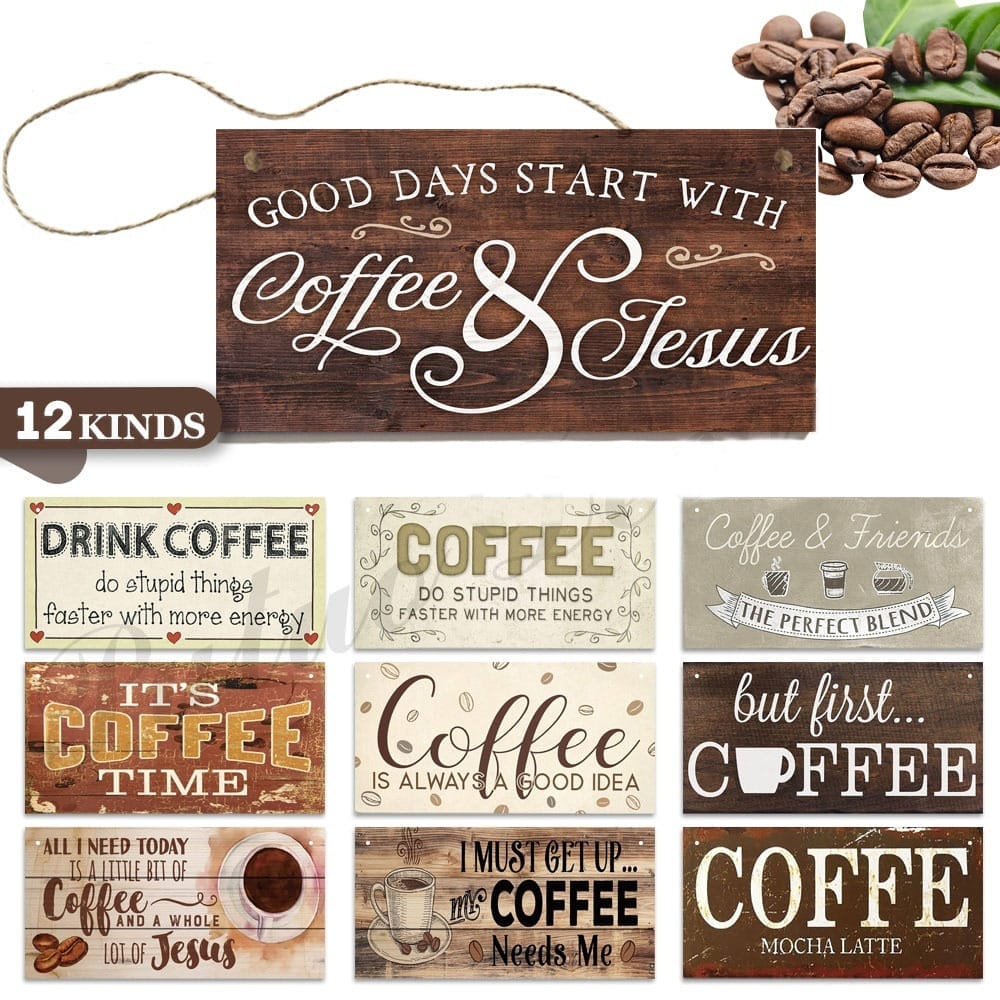 A collage of decorative wood signs with coffee-themed quotes about coffee and Jesus, displayed alongside coffee beans in the top right corner.