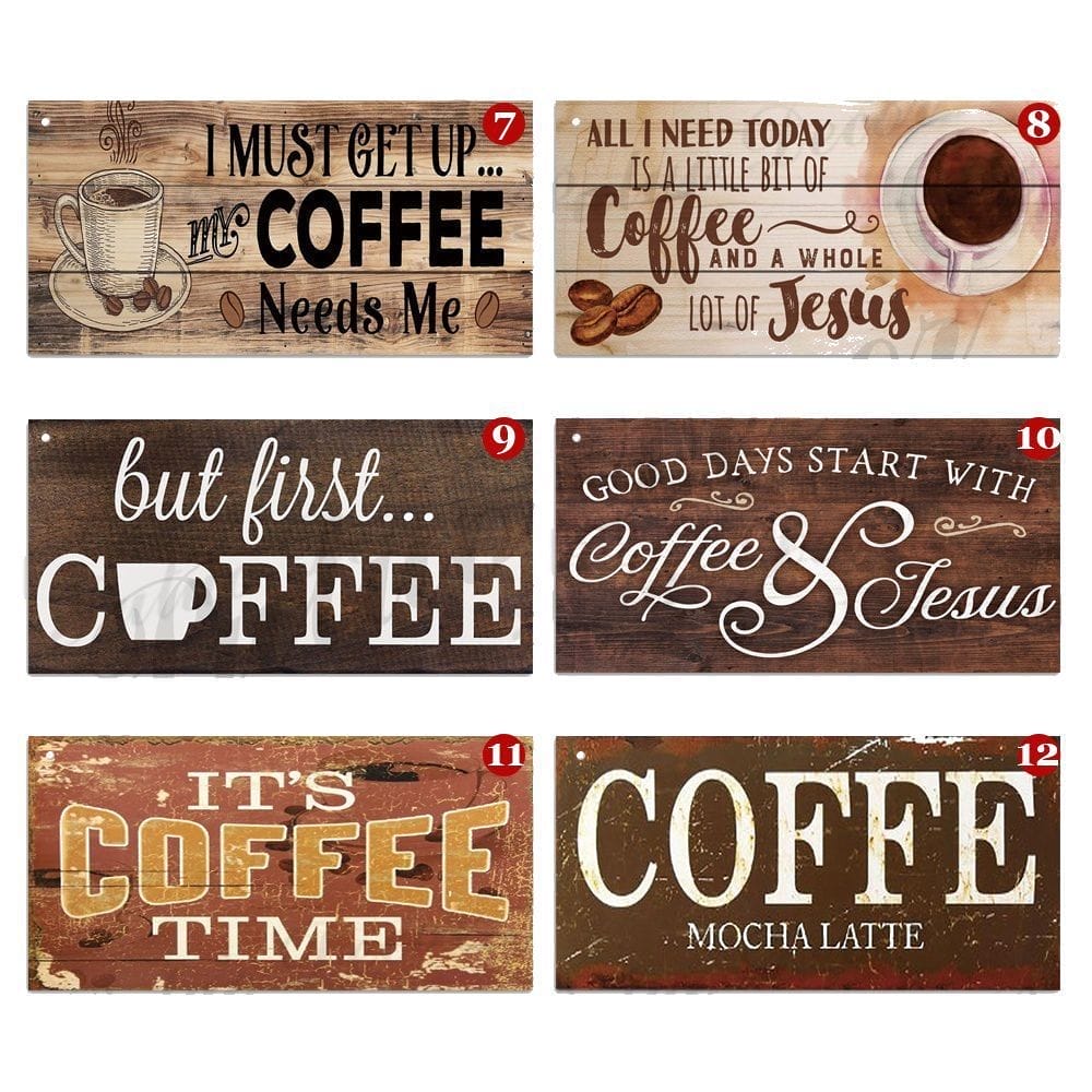Six decorative coffee-themed signs with various sayings about coffee and Jesus, perfect as custom wood signs for your home kitchen decoration or coffee shop decoration, displayed in two rows on a wooden background.