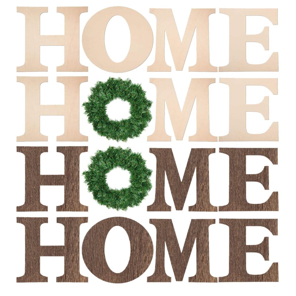 Four wood wall decors spell "HOME" in different finishes; each "O" is a green wreath, except for the top sign, which features a simple wooden "O.