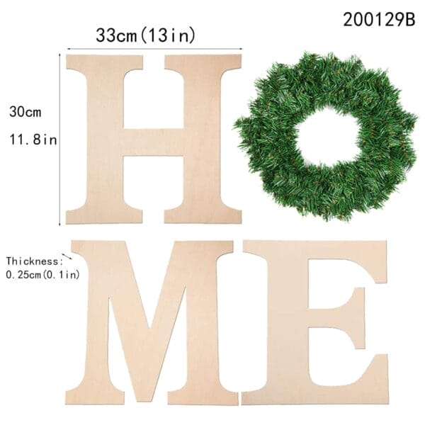 Four items form the word "HOME" with wooden letters and a green wreath as the O, each measuring 33cm by 30cm with a thickness of 0.25cm—perfect for rustic wood decor or unique home wall decor.
