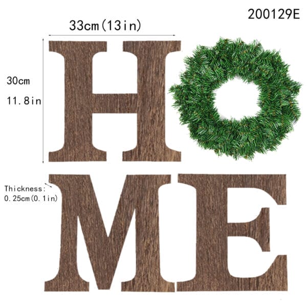 Rustic Wood Wall Decor: Wooden letters "H", "M", and "E" spell "HOME" with a green wreath as the "O"; perfect for Christmas or year-round style. Dimensions and thickness provided in centimeters and inches.