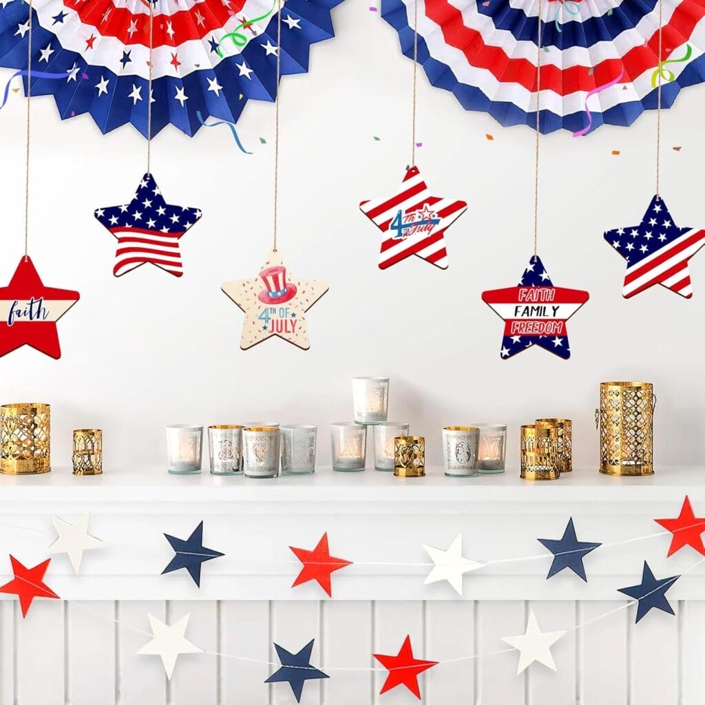 Patriotic wooden art ornaments hanging with 4th of July and faith, family, freedom themes. Custom order supplier.