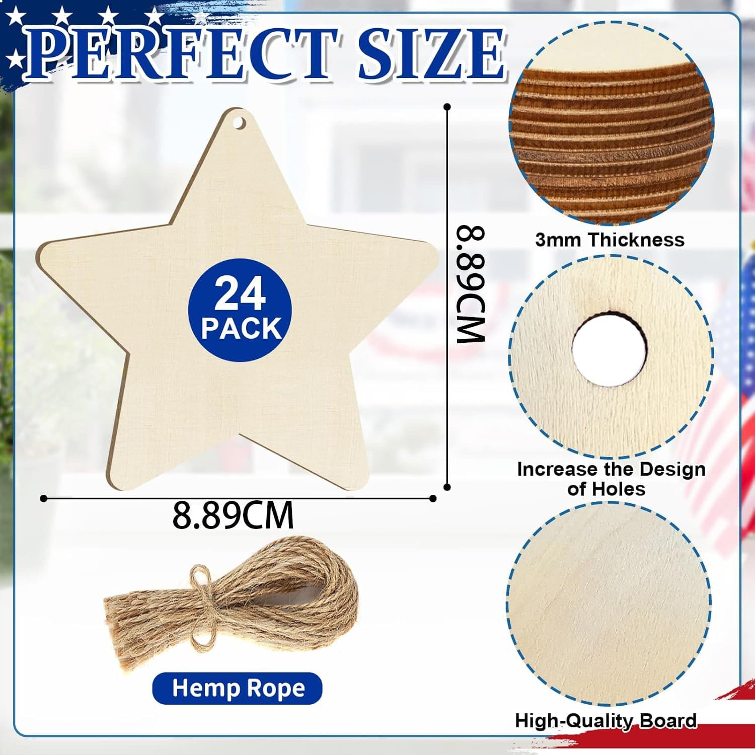 24 pack of unfinished wooden star ornaments, 8.89cm, with hemp rope and size details. Perfect for DIY projects and custom orders.