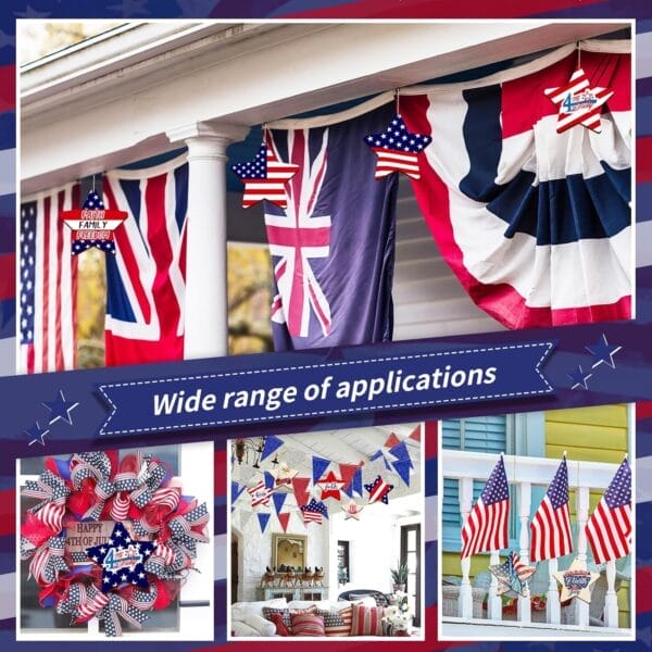 Patriotic wooden star ornaments hanging on porch, perfect for 4th of July decor. Custom orders available.