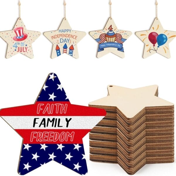 Patriotic star-shaped wooden ornaments; "Faith Family Freedom" & 4th of July designs. Custom orders available.