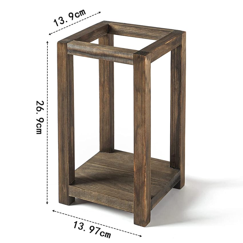 Rectangular wood candle stand with open sides, ideal for wedding table decor; measures 26.9 cm tall and 13.9 cm wide. Shown with labeled dimensions. Wholesale manufacturer options available.