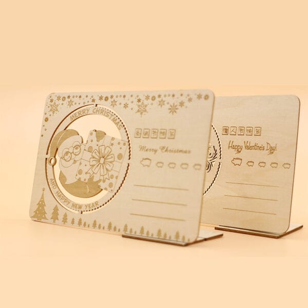 Laser-cut wooden Christmas and Valentine's Day postcards. Wholesale supplier of wooden gifts.