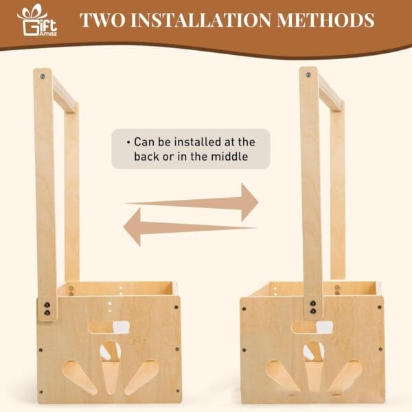 Two wooden boxes from the manufacturer are shown; one could be used as a Wooden Coat Holder, and both display different support placements—one at the back, one in the middle—to illustrate two installation methods.