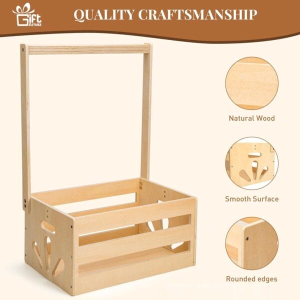 Wooden Baby Storage Box with a tall handle, natural finish, smooth surface, and rounded edges—perfect as a wooden coat holder. Highlighted features are shown in circular insets on the right from the manufacturer.