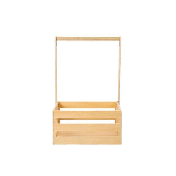 A rectangular wooden baby storage box with an open top and a handle frame attached, displayed against a white background—perfect for keeping nursery essentials organized.