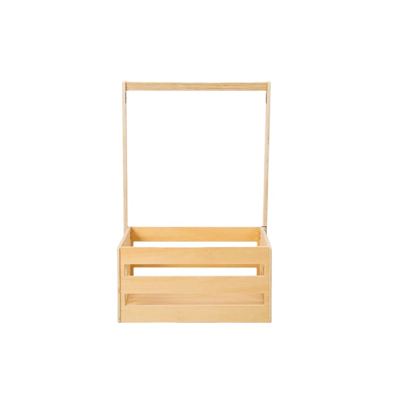 A rectangular wooden baby storage box with an open top and a handle frame attached, displayed against a white background—perfect for keeping nursery essentials organized.