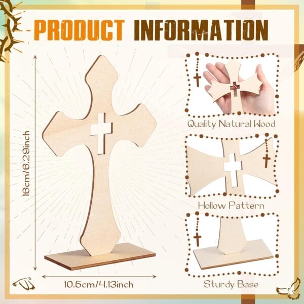 Wooden cross display stand with a hollow center, shown with dimensions (16cm x 10.5cm). This custom wooden cross features quality natural wood, a hollow pattern, and a sturdy base—ideal as a unique wooden cross decoration.
