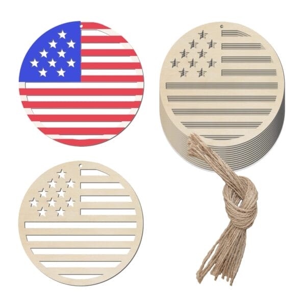 Three round ornaments with American flag designs: one in color, one in plain wood, and a stack of wooden flags ornaments, all paired with a bundle of twine.