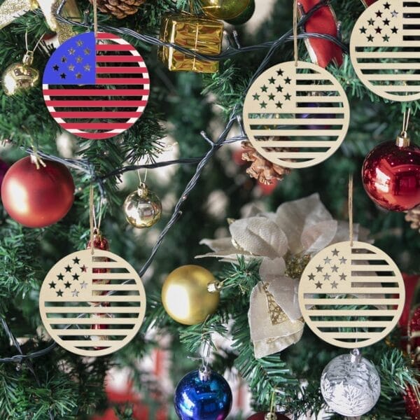 Christmas tree adorned with American flag–themed ornaments, traditional red, gold, and blue baubles, a white poinsettia, and a festive touch inspired by American Independence Day decoration.