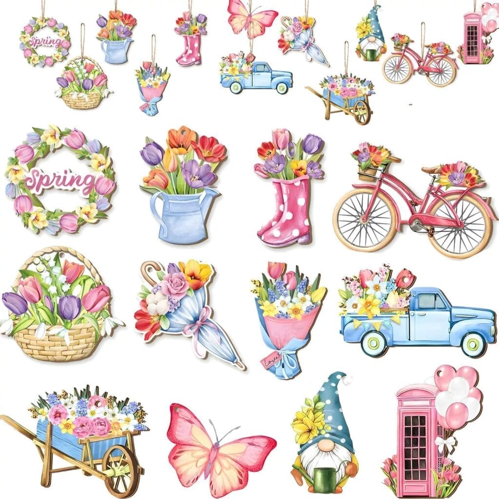 Colorful spring-themed illustrations featuring flowers in baskets, bouquets, boots, trucks, wooden flower accents, bikes, butterflies, a gnome, a pink phone booth, and the word "Spring.